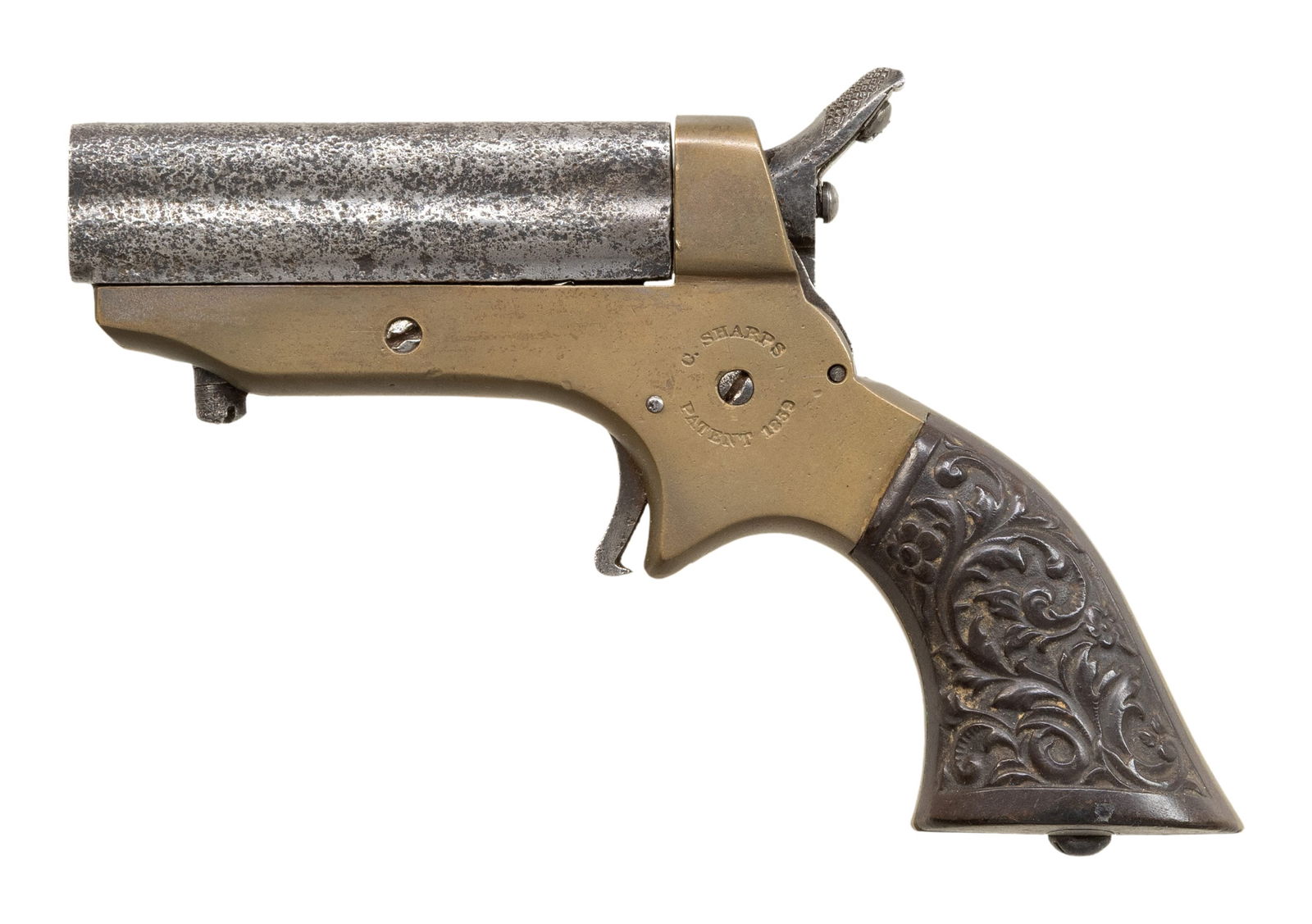 SHARPS 4-BARREL DERRINGER.: Cal. 22. S# 55011. 5" overall, 2.5" 4-barrel cluster. Brass frame marked in circular stamps "C. SHARPS PATENT 1859" & "C SHARPS & CO PHILADA. PA" on either side. CONDITION: good overall, pitted