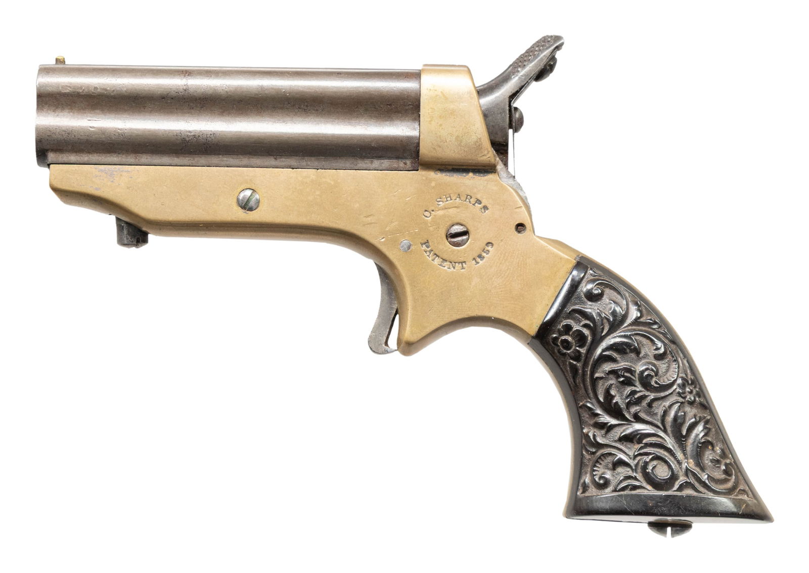 SHARPS 4-BARREL DERRINGER.: Cal. 22. S# 56201. 5" overall, 2.5" 4-barrel cluster. Brass frame marked in circular stamps "C. SHARPS PATENT 1859" & "C SHARPS & CO PHILADA. PA". CONDITION: good overall, relief decorated hard