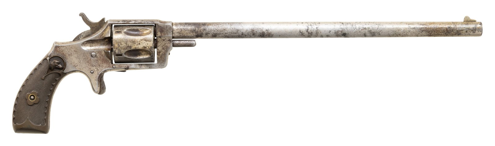 CHICHESTER "POCKET RIFLE" SPUR TRIGGER REVOLVER.: Cal. 32 CF. S# 217 (under grips). Mfg. approx 1880's-1890's by the Hopkins & Allen Company. This revolver appears to be based on the XL No. 3 revolver with 10" barrel. 5 Shot fluted cyl. Matching