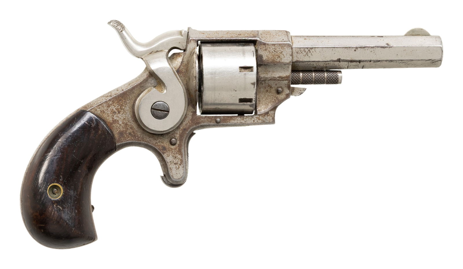 FOREHAND & WADSWORTH CENTER HAMMER REVOLVER.: Cal. 22 Short. S# 36138 (under left grip). Matching numbers on oct. 2 3/8" bbl., 7 Shot cyl. & rosewood grips. Nick finished Iron frame has replacement hammer. CONDITION: fair nickel with peeling