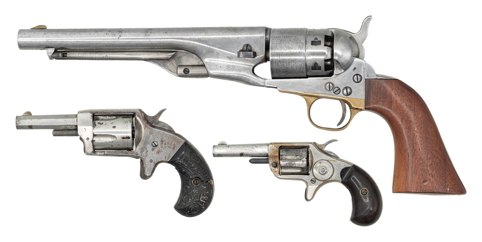 LOT OF 3 ASSORTED PERCUSSION & SPUR TRIGGER: REVOLVERS. 1) ITALIAN REPRODUCTION COLT 1860 ARMY SINGLE ACTION PERCUSSION REVOLVER. Cal. 44. S# 31450. Bbl. 7 15/16". Italian reproduction of a Colt Model 1860 Army revolver produced by an unknown