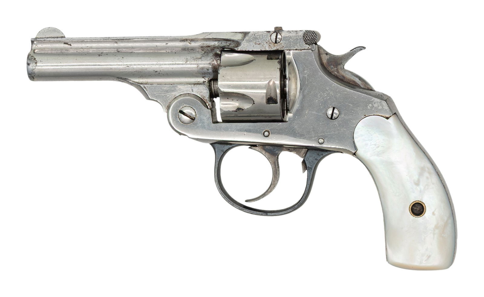 IVER JOHNSON 32 SAFETY AUTOMATIC HAMMERLESS 2ND: MODEL DA REVOLVER. Cal. 32 S&W. S# 11. Mfg. 1903-1905. Matching numbered 3" bbl. Nickel finish. 5 Shot cyl. Two piece mother of pearl grips. CONDITION: good nickel peeling along edge & scratches.