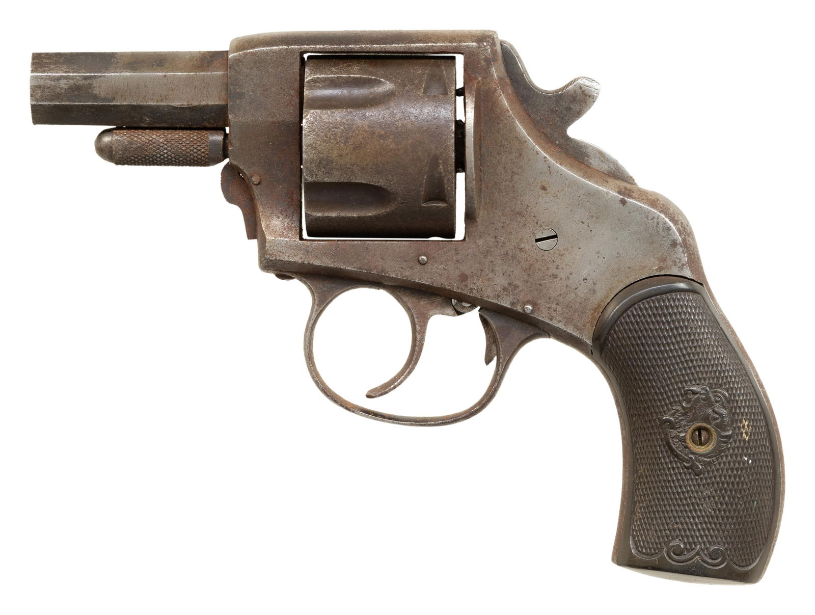 IVER JOHNSON AMERICAN BULLDOG DA REVOLVER.: Cal. 44 CF (44 Webley). S# 5145. This revolver has been converted to a starter pistol with the oct. bbl. being cut down to 2 1/4" along with a threaded screw straight through the rifling. & exterior