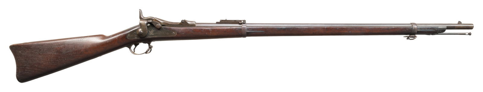 U.S. SPRINGFIELD MODEL 1884 TRAPDOOR SINGLE SHOT: MILITARY RIFLE. Cal. 45-70. S# 498227. Bbl. 32 1/2". Barrel is marked on the left over chamber "VP / eagle's head / P". Chamber is marked on top "I". "R" marked Buffington rear sight graduated to
