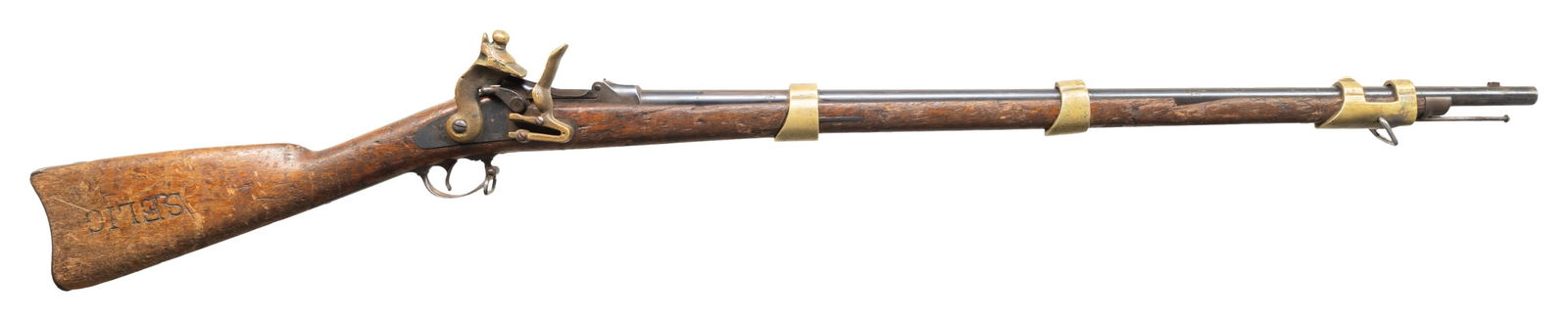 US SPRINGFIELD MODEL 1873 TRAPDOOR MOVIE PROP GUN.: Cal. 45-70. S# 370460. Bbl. 32 1/2". Rifle is a Model 1973 trapdoor Springfield modified to look like an early flint musket by the addition of a brass combination hammer which allows the rifle to