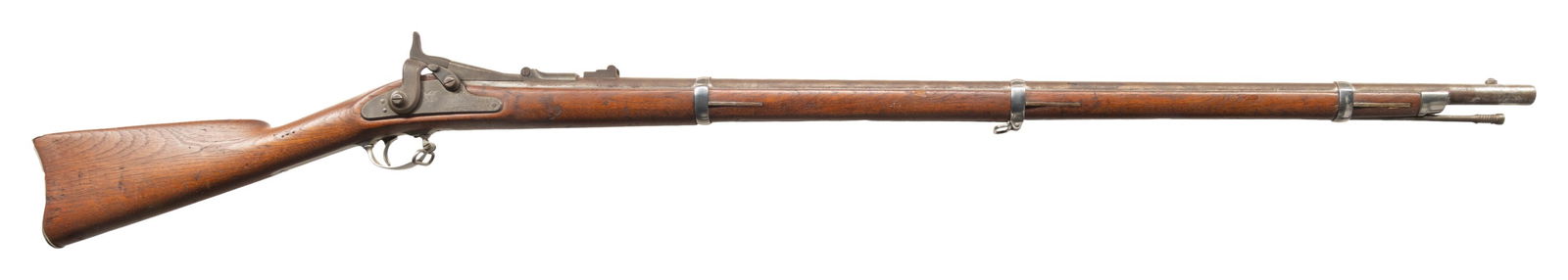 SPRINGFIELD 2ND ALLIN SINGLE SHOT RIFLE.: Cal. 50-70. NSN. Bbl. 36 5/8". Blade front sight. Dual-leaf rear sight. Springfield Armory 2nd Model Allin Trapdoor rifle converted from an earlier musket. 1866 dated breechblock. 1865 dated