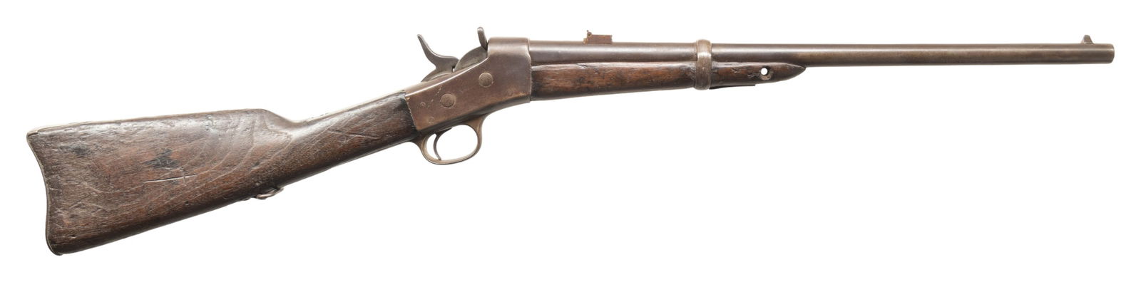 SPANISH MODEL ROLLING BLOCK CARBINE.: Cal. 43 Spanish. NSN. Bbl. 20 1/2". Blade front sight. Flip up rear sight. Upper tang has faint Remington markings with last patent date being 1874. This pattern carbine was known as the "Spanish Mode