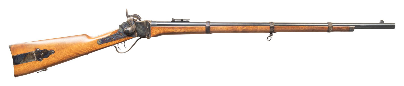 PEDERSOLI 1859 BERDAN SHARPS RIFLE.: Cal. 54. S# SH6350. Bbl. 30" rnd. Rnd. blade front sight. Ladder rear sight graduated to 800yds. Percussion sharps repro of the famed Civil War sharpshooter rifle. Double set triggers. Case colored