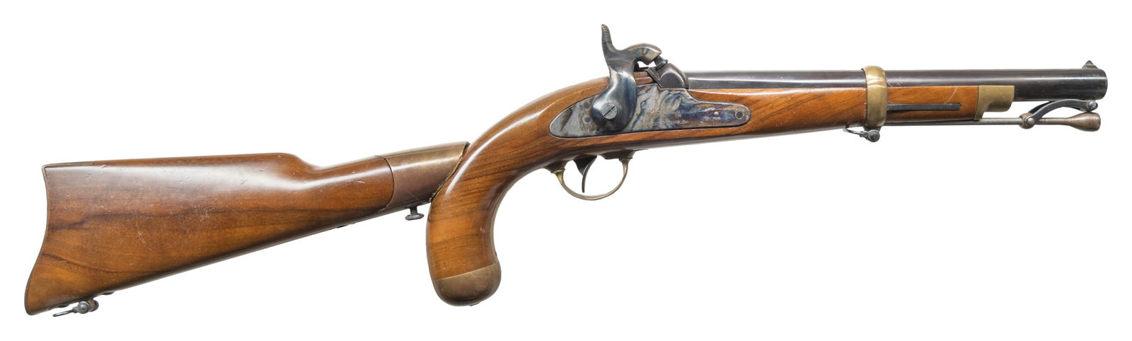 NAVY ARMS 1855 PERCUSSION PISTOL/CARBINE.: Cal. 58. S# 525. Bbl. 12". Blade front sight. Flip up rear sight. Italian repro of the US 1855 percussion pistol carbine. Case colored lock. Blued bbl. Walnut pistol grip stock & detachable shoulder