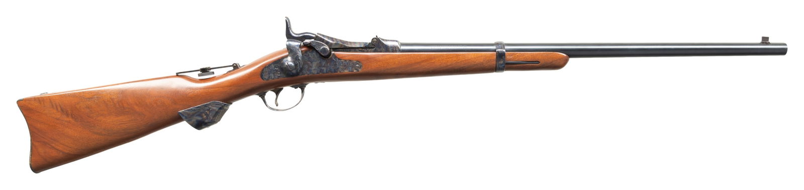 HARRINGTON & RICHARDSON 1873 LITTLE BIG HORN: TRAPDOOR CARBINE. Cal. 45-70. S# LBH2760. Replica of the Springfield 1873 Trapdoor Cavalry Carbine. Bbl. 22". Blade front sight & vernier sight installed into stock. Blued & case colored finish.