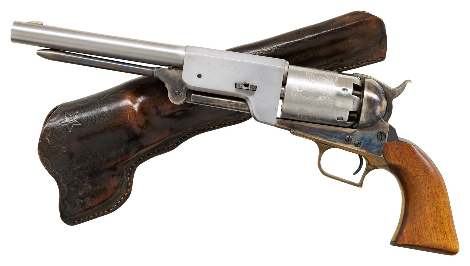 ARMI SAN MARCO WALKER REPRO REVOLVER.: Cal. 44 S# 49608. Bbl. 9". Blade front sight. Italian repro of the famous Walker revolver. Case colored frame, loading lever & hammer. Cyl. & bbl. assembly have bright cleaned appearance. Brass