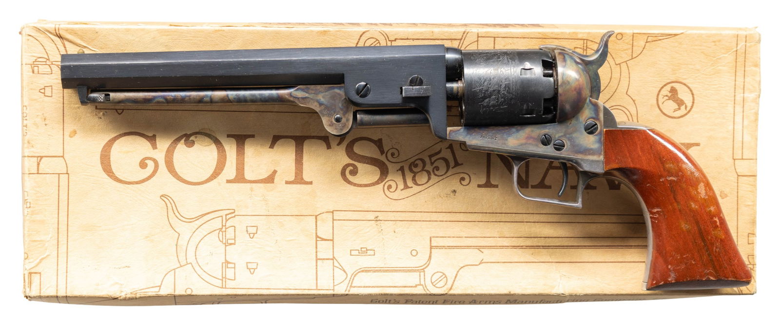 REPRODUCTION COLT MODEL 1851 NAVY REVOLVER.: Cal. 36. S# 25892. Standard configuration 7.5" octagonal barrel, blue & case colors, one line Colt New York City address, rolled naval battle cylinder scene, varnished walnut grips, housed in