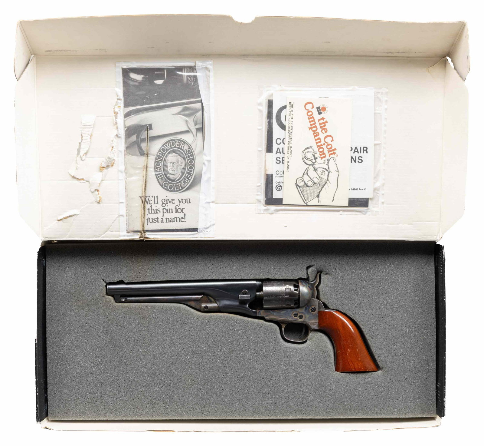 REPRODUCTION "SIGNATURE SERIES" COLT MODEL 1861: NAVY REVOLVER. Cal. 36. S# 40040. Standard configuration 7.5" round barrel, blue & case colors, one line Colt New York USA address, varnished walnut grips, housed in "SAMUEL COLT AUTHENTIC BLACK