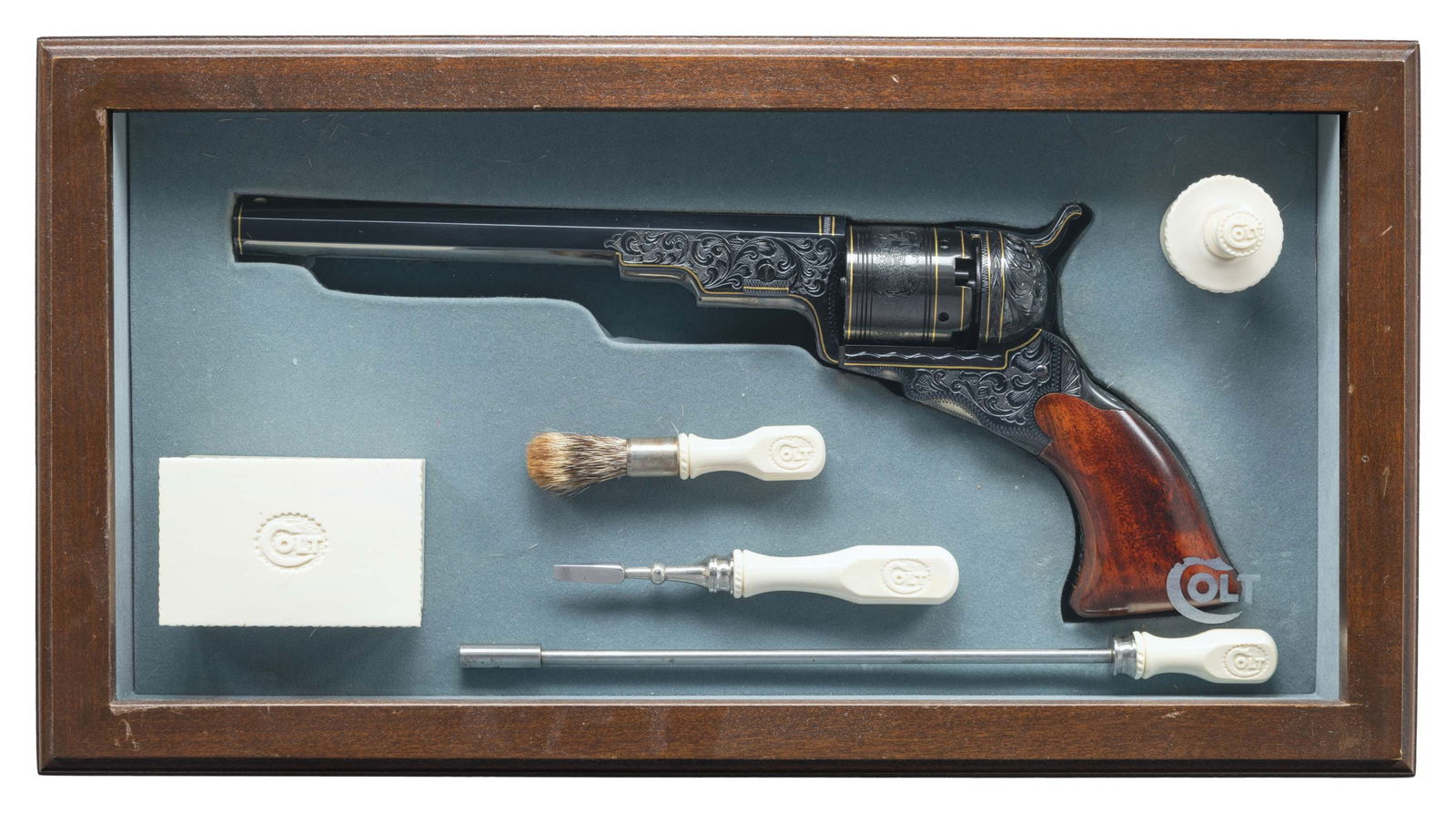 VERY EARLY & ENGRAVED 2ND GEN COLT PATERSON: REVOLVER. Cal. 31. S# 2. Bbl. 7 1/2". Brass blade front sight. Very early 2nd Gen Colt Paterson revolver. Consignor states serial 1 was bought by John Gangel & this revolver by Robert Greene. Bbl.