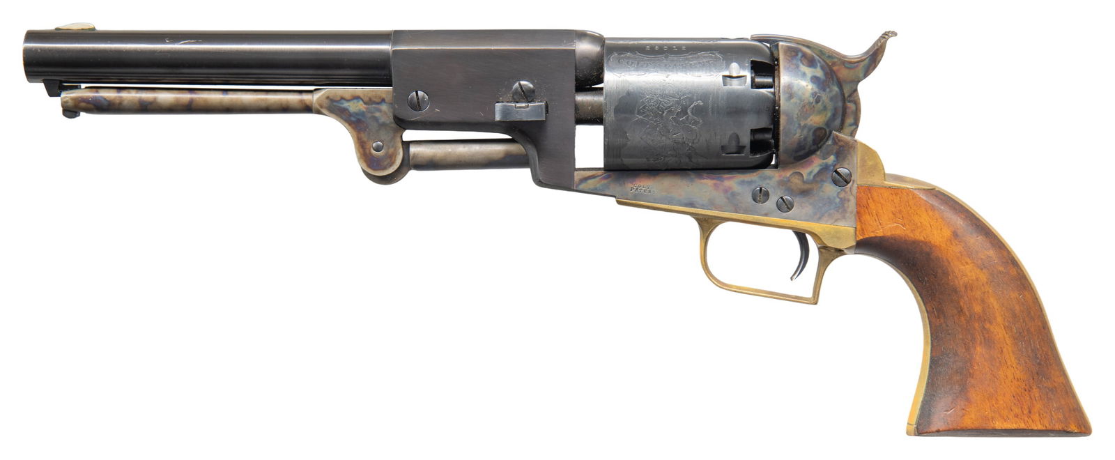 REPRODUCTION COLT 3RD MODEL DRAGOON REVOLVER.: Cal. 44. S# 28012. Standard configuration 7.5" half octagonal to round barrel, blue & case colors, one line Colt New York City address, rolled dragoon-Indian fight cylinder scene, walnut grips.