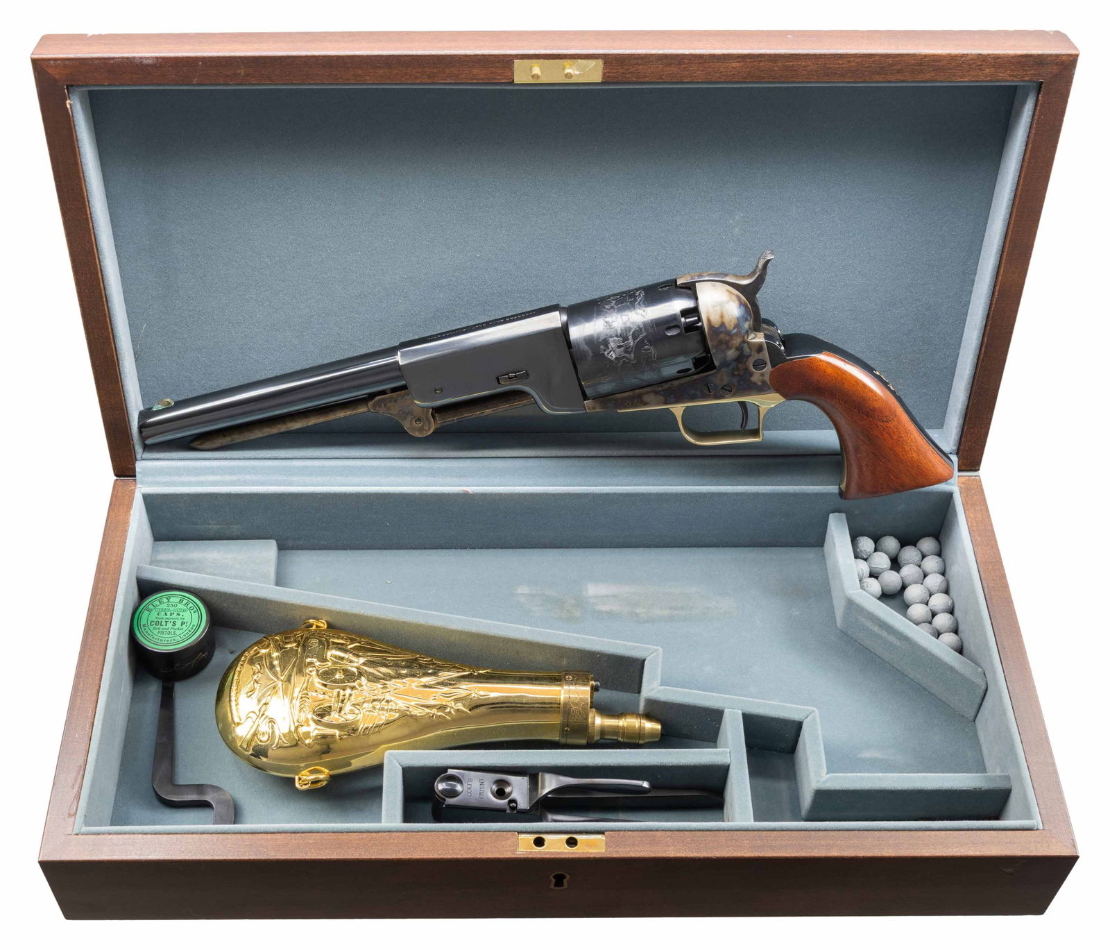 REPRODUCTION CASED "SIGNATURE SERIES" COLT WALKER: REVOLVER. Cal. 44. S# 6775. Standard configuration in wood casing, 9" octagonal to round barrel, right side marked "US / 1847", gold plated powder flask, blued bullet mold & combination tool, loose