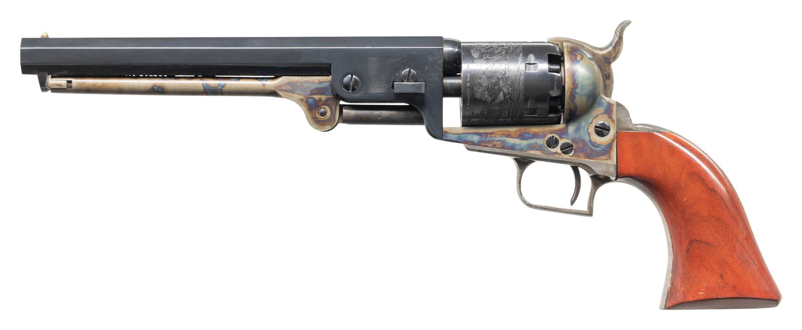 REPRODUCTION 2ND MODEL SQUARE BACK COLT MODEL 1851: NAVY REVOLVER. Cal. 36. S# 4565. Standard configuration 7.5" octagonal barrel, blue & case colors, one line Colt New York City address, rolled naval battle cylinder scene, silver plated brass backstra
