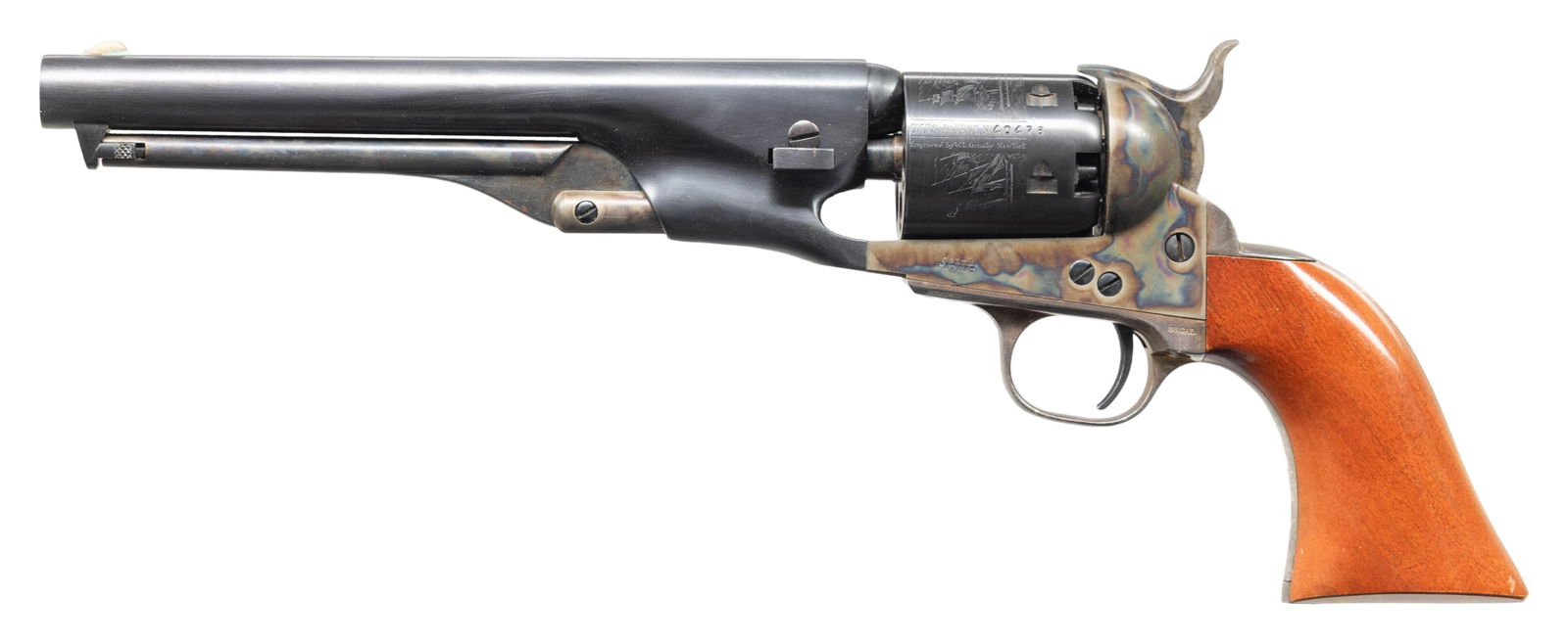 REPRODUCTION COLT MODEL 1861 NAVY REVOLVER.: Cal. 36. S# 40478. Standard configuration 7.5" round barrel, blue & case colors, one line Colt New York US America address, rolled naval battle cylinder scene, silver plated brass back strap & trigger