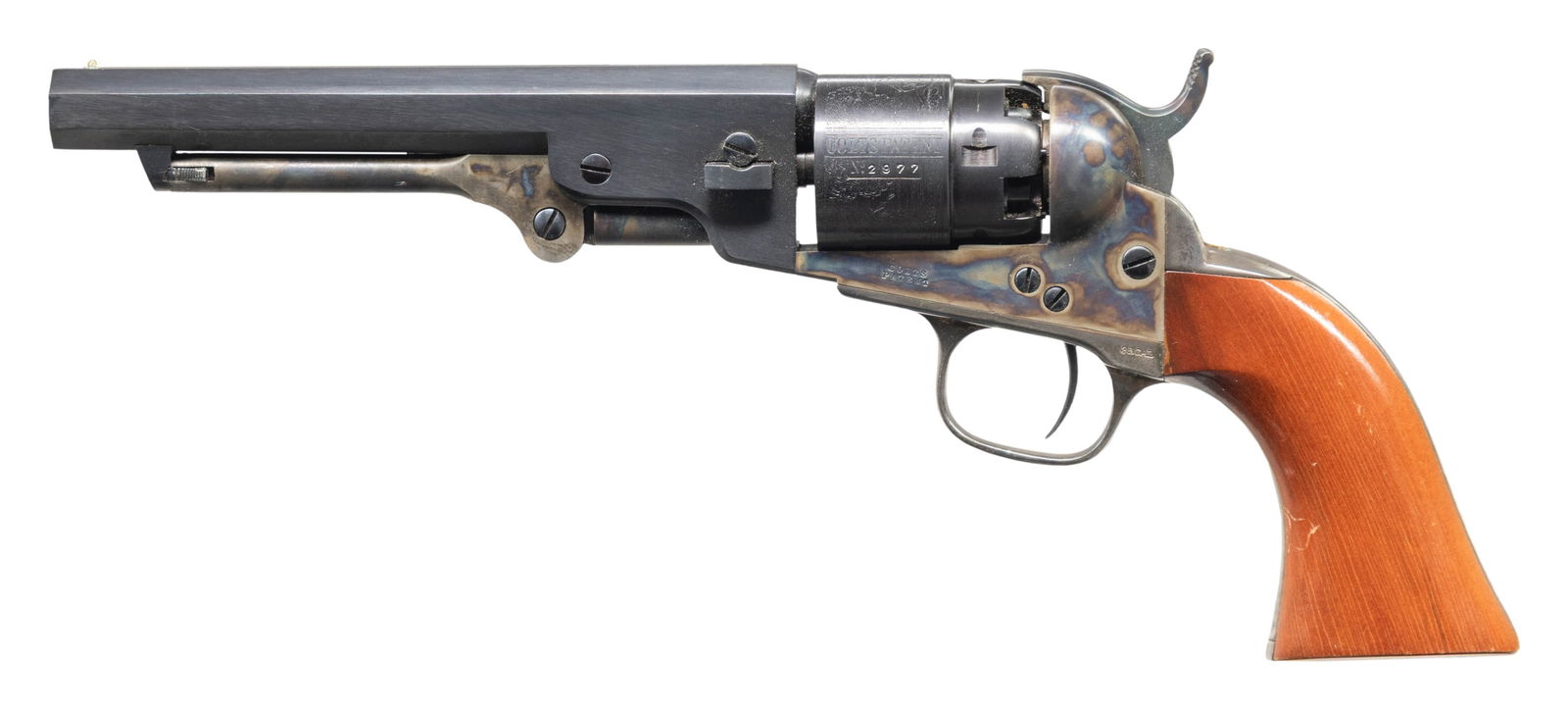 REPRODUCTION COLT MODEL 1862 POCKET NAVY REVOLVER.: Cal. 36. S# 52977. Standard configuration 5.5" octagonal barrel, blue & case colors, one line Colt New York US America address, stage coach hold up cylinder scene, silver plated brass back strap & tri