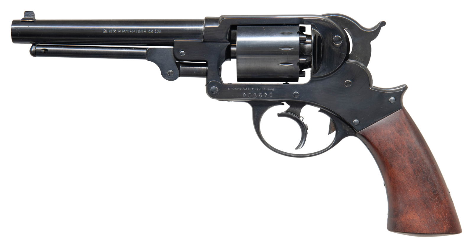 ITALIAN REPRODUCTION PIETTA STARR MODEL 1863: SINGLE ACTION PERCUSSION REVOLVER. Cal. 44. S# 603571. Bbl. 6". Reproduction Starr Model 1863 single action percussion revolver mfg. in Italy by Pietta. Left side of the bbl. is marked "BLACK POWDER