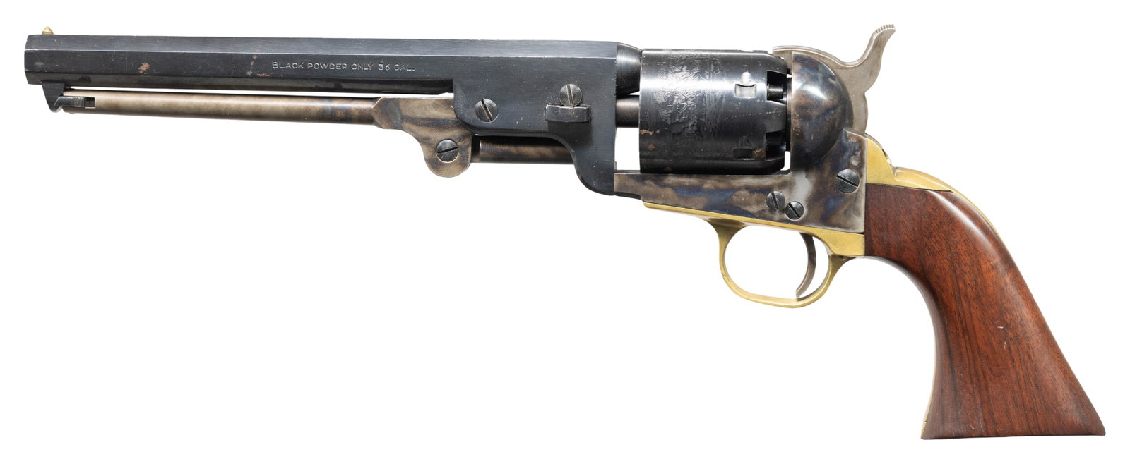 PIETTA/NAVY ARMS 1851 NAVY REVOLVER.: Cal. 36. S# 449143. Bbl. 7 1/2". Post front sight. Pietta made 1851 revolver imported by Navy Arms. Case colored frame, loading lever & hammer. Brass grip straps & trigger guard. Balance of other