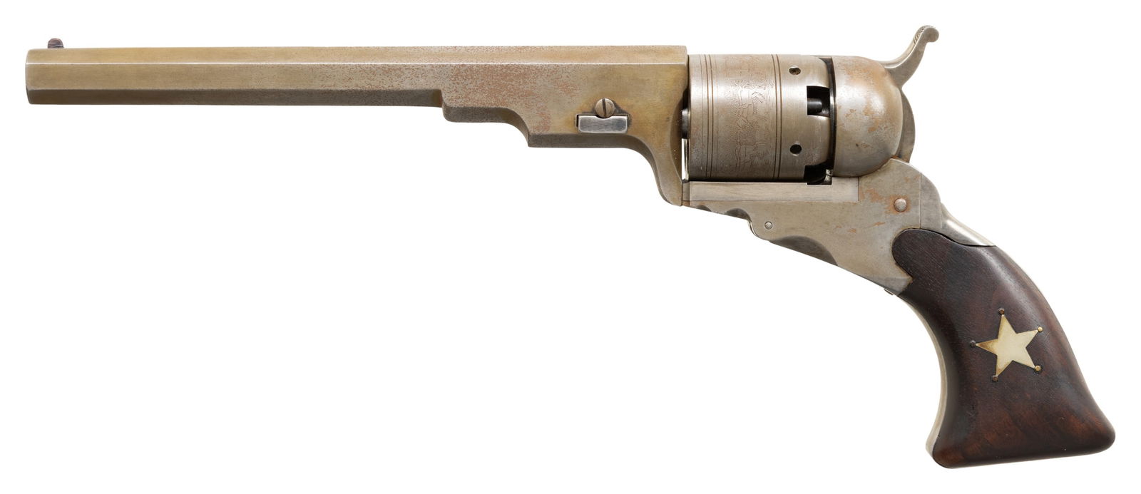 ITALIAN REPRODUCTION COLT PATERSON SINGLE ACTION: PERCUSSION REVOLVER. Cal. 36. S# 1471. Bbl. 7 1/2". Reproduction Paterson single action percussion revolver mfg. in Italy by an unknown mfg. Revolver is devoid of any identifying markings or proofs, s