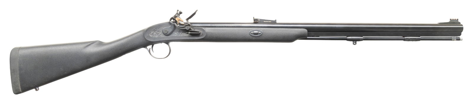 THOMPSON CENTER FIRESTORM FLINTLOCK RIFLE.: Cal. 50. S# 1834. Bbl. 27". Fiber optic sights with adjustable rear. Blued finish. Half-length black synthetic stock with bottom mounted sling studs & factory recoil pad. LOP: 13 1/2". Blued ramrod pr