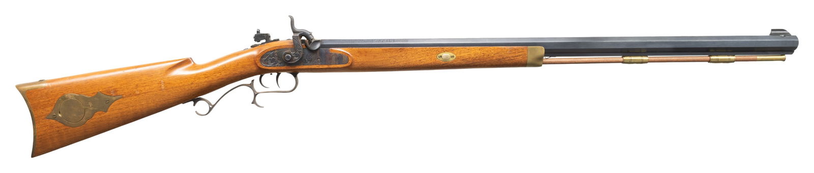 THOMPSON CENTER HAWKEN PERCUSSION RIFLE.: Cal. 45. S# 527691. Bbl. 30". Bead front sight. Tang mounted aperture rear sight. Bbl. Has two screw holes for further sight mounting. Blued bbl. Case colored lock, hammer & trigger guard. Double set