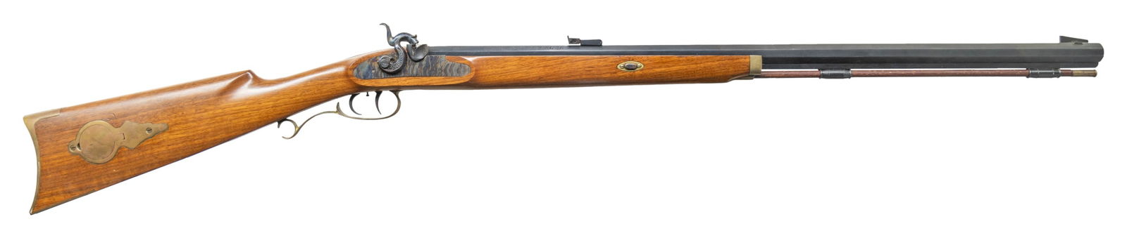 THOMPSON CENTER SENECA PERCUSSION RIFLE.: Cal. 36. S# 17338. Bbl. 27" oct. Blade front sight. Adjustable rear sight. Case colored lock assembly. Blued bbl. Brass hardware. Double set triggers. Half length walnut stock. Hardwood ramrod with br
