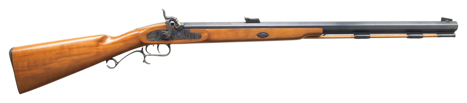 THOMPSON CENTER RENEGADE PERCUSSION RIFLE.: Cal. 54. S# 25392. Bbl. 27" oct. Blade front sight. Adjustable rear sight. Case colored lock assembly. Balance of other parts are blued. Double set triggers. Half-length walnut stock set. Hardwood ram