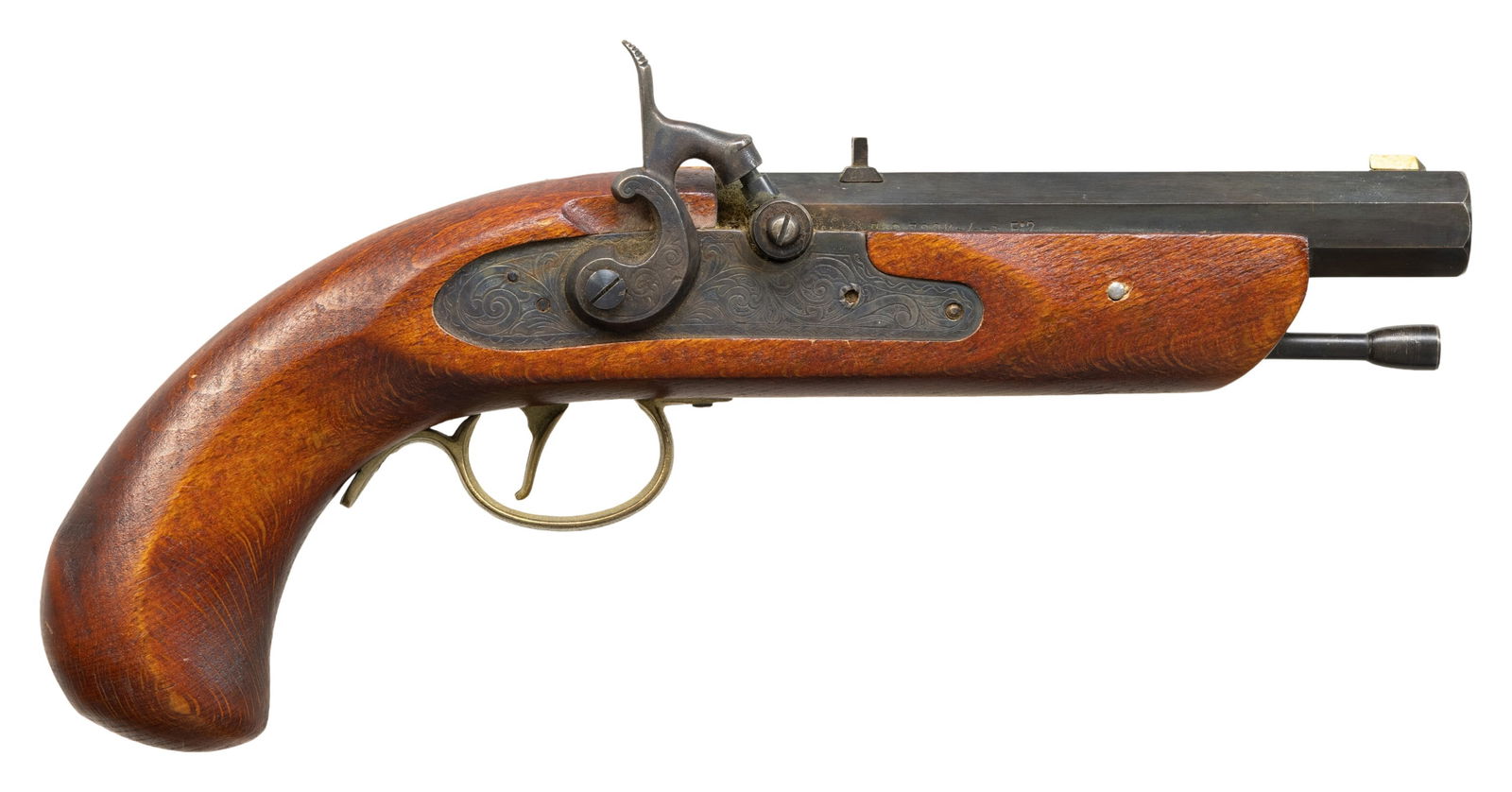 CVA COLONIAL PERCUSSION PISTOL.: Cal. 45. S# 85-340914. Bbl. 6" oct. Blade front sight. Fixed rear sight. Spanish made percussion pistol. Case colored lock assembly. Brass trigger guard. Blued bbl. Hardwood stock. Blued ramrod. CONDI