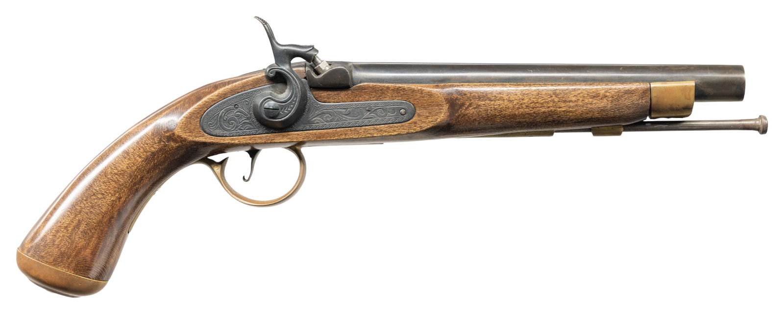 SPANISH JUKAR PERCUSSION PISTOL.: Cal. 45 Rifled. S# 0013179. Bbl. 9". Percussion pistol mfg. in Spain by Jukar. Left side of the rnd. bbl. is marked "JUKAR", followed by the S# and "SPAIN". Lockplate is engraved with bordered scrollw