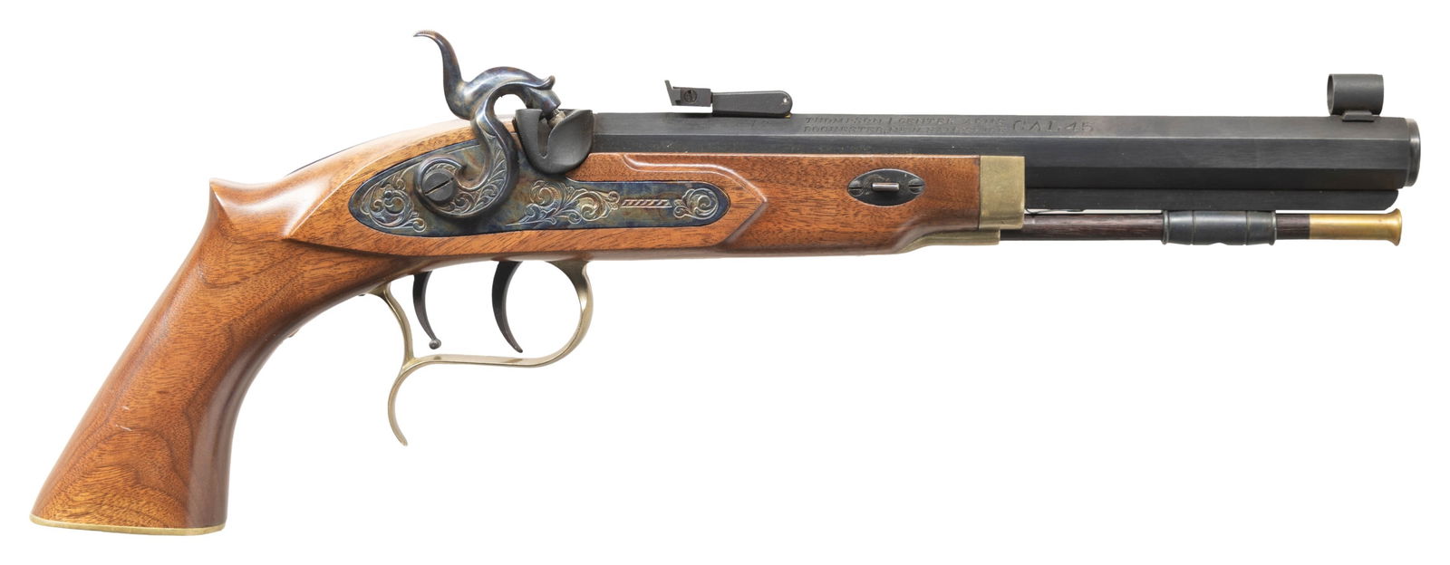 THOMPSON CENTER PATRIOT PERCUSSION PISTOL.: Cal. 45. S# 20519. Bbl. 9". Hooded blade front sight. Adjustable rear sight. Case colored lock assembly. Brass furniture. Double set single action triggers. Blued bbl. Walnut stock. Hardwood ramrod wi
