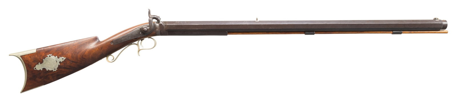 NELSON LEWIS OF TROY, NY TARGET HALF STOCK: PERCUSSION RIFLE. Cal. 45. NSN. Nelson Lewis operated 1843-1888 out of Troy, NY marking percussion guns (American Gunsmiths by Sellers). Oct. 28.5" bbl. w/ 1" round diameter at muzzle for bullet start
