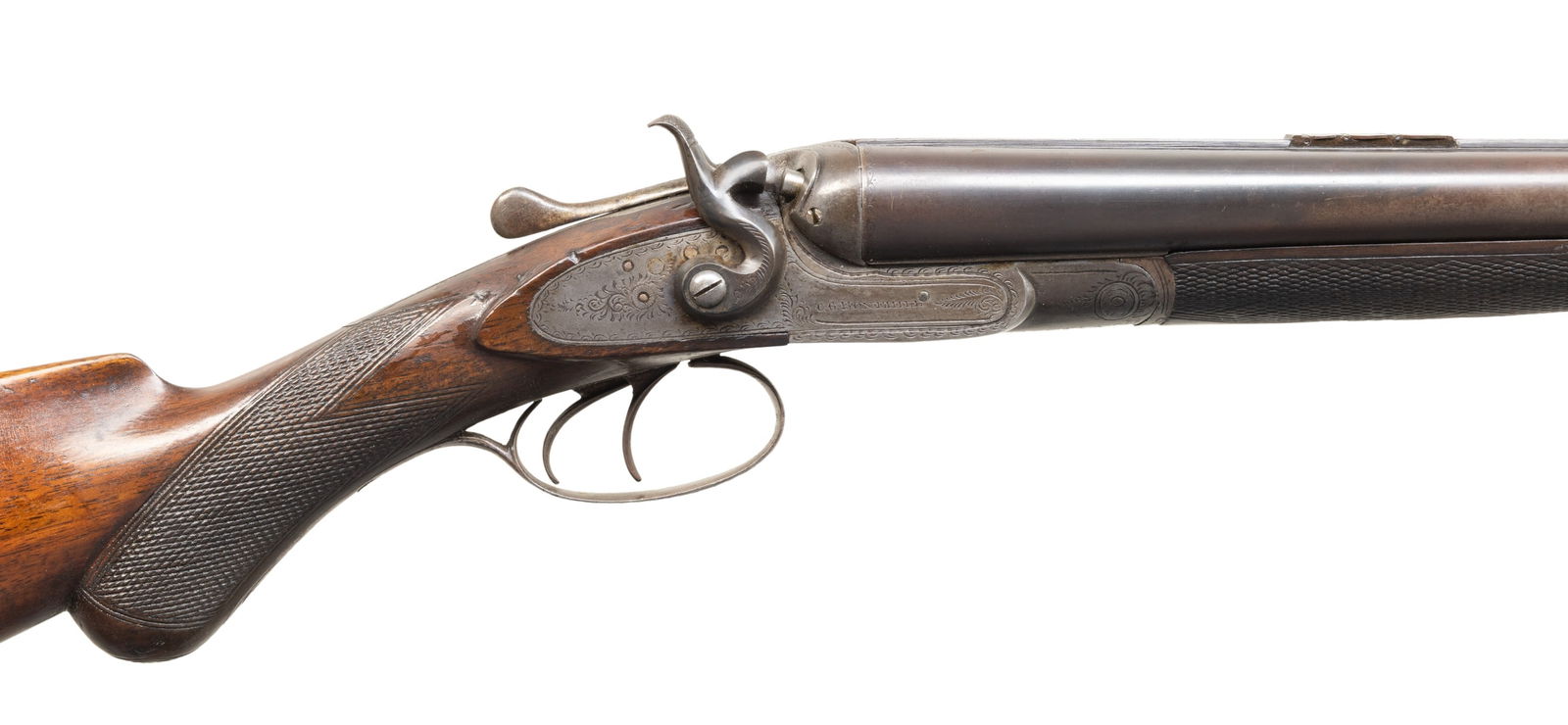 BRITISH C.G. BONEHILL BUCK & BALL HAMMER GUN.: Cal. 40 x 12 Gauge. S# 42526. Bbls. 28" w/ London address on rib & pre-1887 Birmingham proofs on water table; "A.A.B." barrel maker proof. Blade front sight & 3 leaf express rear sight. Bottom rib has