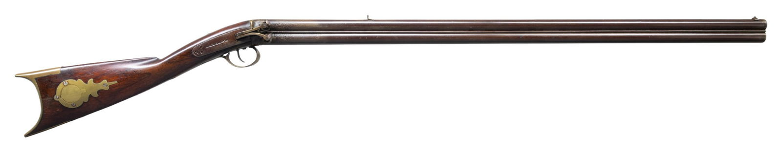 MICHIGAN A. HARRINGTON O/U MULE EAR RIFLE.: Cal. 41. NSN. Per "AMERICAN GUNSMITHS" by Frank Sellers, A.C. Harrington was known for Percussion 1/2 stock rifles from 1863-1895 in Armada, Vassar, Lapeer & St. Louis Michigan. Round 39" bbls. number