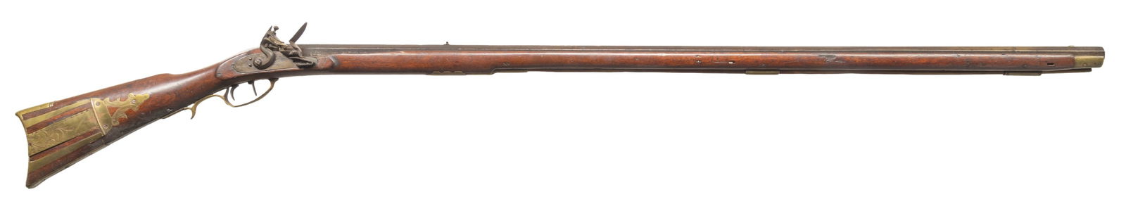 JACOB FORDNEY OF LANCASTER, PA CONVERTED TO: FLINTLOCK KENTUCKY RIFLE. Cal. 48. NSN. Oct. 43"; touch-hole shows evidence of prior percussion bolster. Dovetailed blade front sight & flat top notch rear sight. Replacement flintlock w/ dbl. set tri