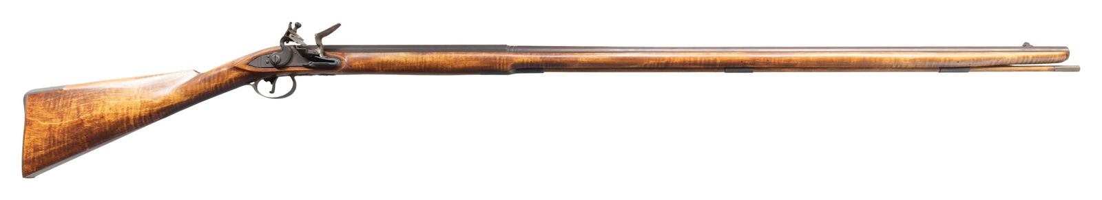 JACK GARNER CONTEMPORARY FLINTLOCK KENTUCKY: RIFLE. Cal. 60. NSN. Smoothbore 42" half rnd., half oct. bbl. Blade front sight. Cast flintlock. Full length hardwood stock w/ iron furniture & hardwood ramrod. CONDITION: metal parts have pleasing br