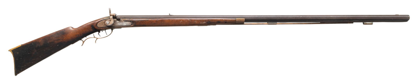 SOLOMON H. WARD OF JAMESTOWN, NORTH CAROLINA: HALF STOCK PERCUSSION RIFLE. Cal. 45. NSN. Solomon H. Ward, so of James Ward, operated from 1865-1884 (death) in Jamestown, North Carolina. Oct. 41.5" w/ German silver blade front sight & notch rear