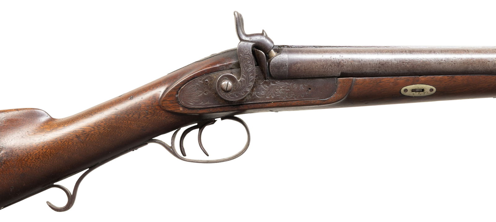 BELGIAN PERCUSSION SXS SHOTGUN.: Cal. 12 Ga. NSN. Bbls. 29.5" w/ bright front stud & modern replacement nipples. Engraved hammer locks. Wedge fastened walnut stock w/ German silver wedge escutcheons, additional finger rest added to s