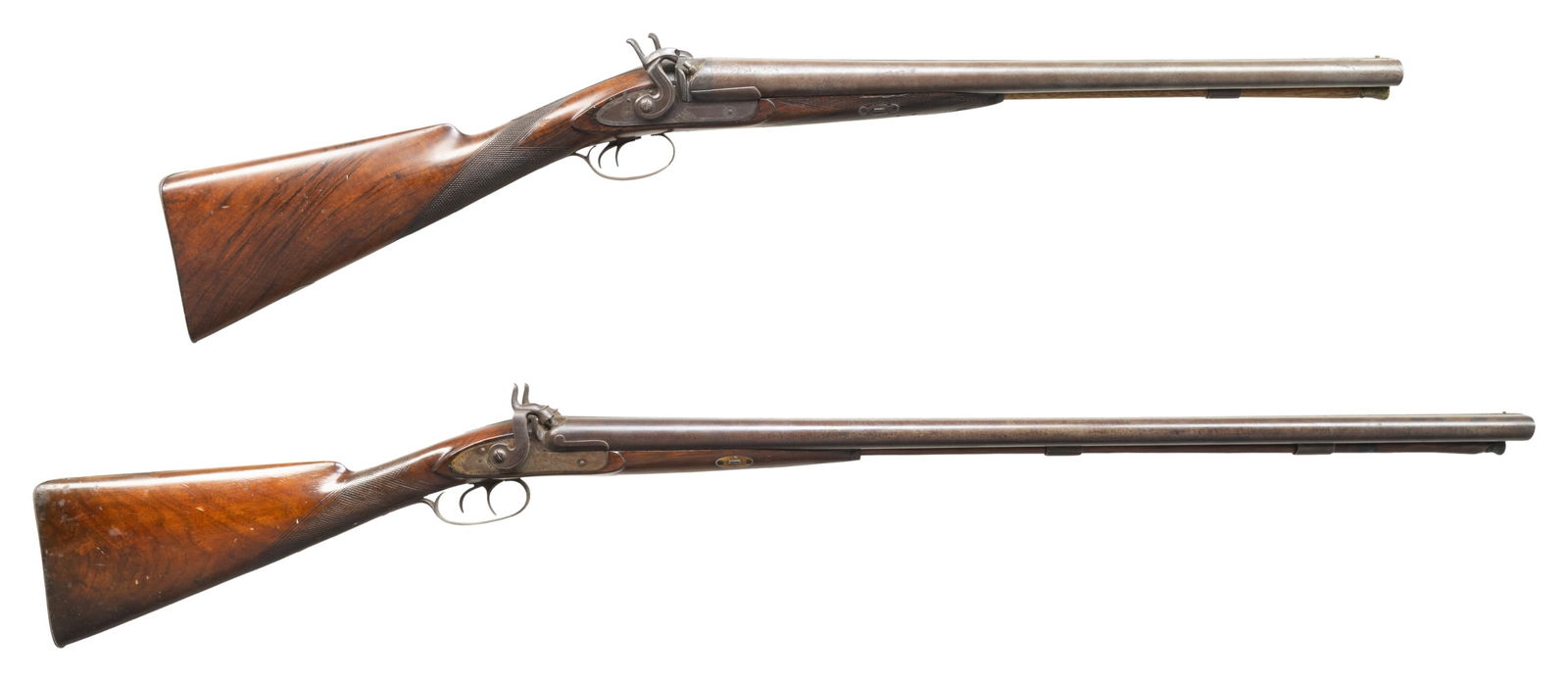 2 DETROIT, MICHIGAN RETAILED10 GAUGE PERCUSSION: SXS SHOTGUNS. ALL: NSN.1) FISHER & LONG STAGECOACH STYLE. Fisher & Long operated in Detroit, MI 1867-1875 marking percussion double shotguns. Both worked for William Winger & acquired his shop when