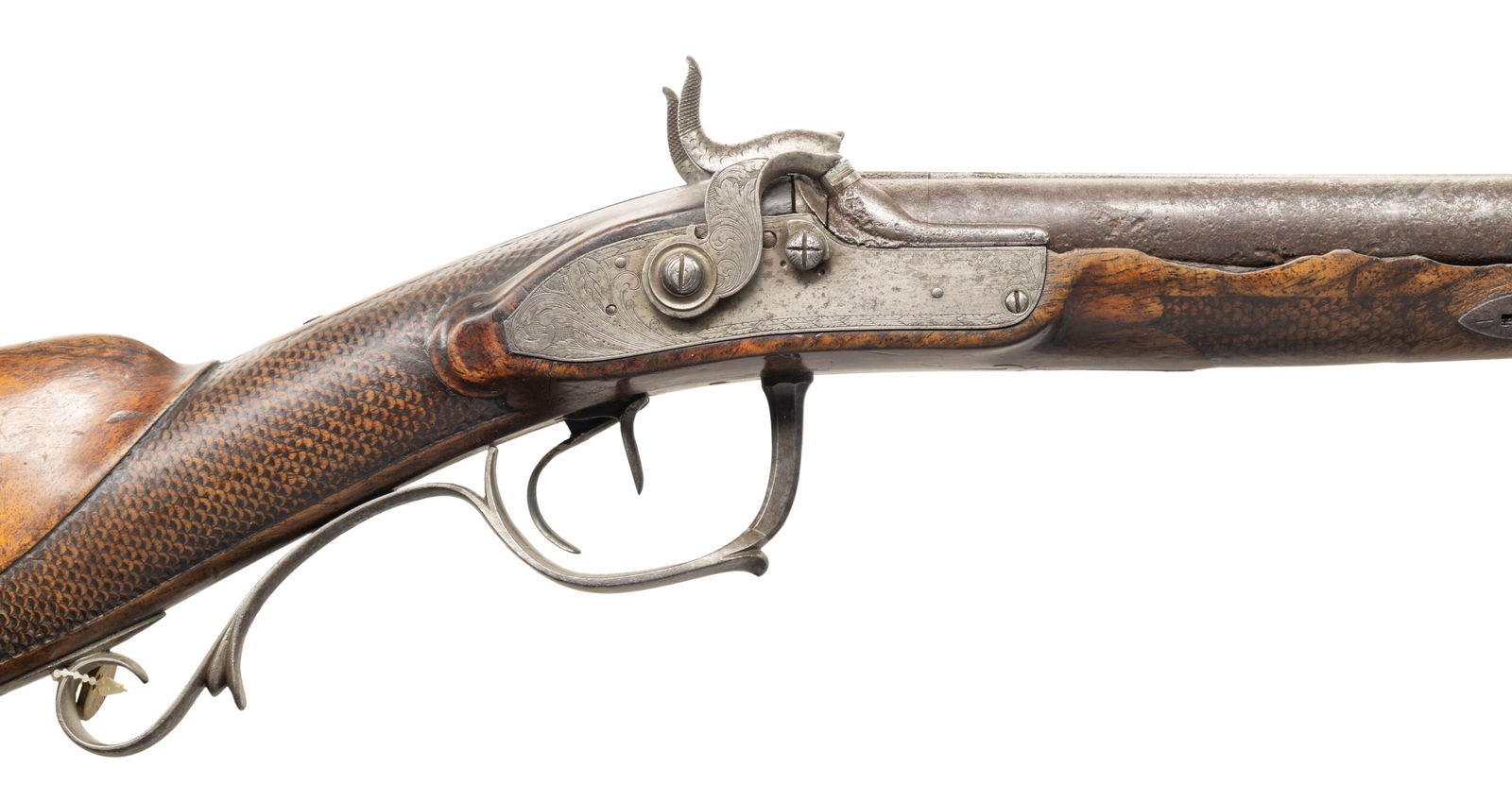 FRANZ HAAS STAGECOACH STYLE PERCUSSION SXS: SHOTGUN. Cal. 20 Ga. NSN. Bbls. 18" w/ flattened bead, hardwood ramrod, 2 pipes with 1 having swivel. Top of barrel has silver inlaid maker's mark partially discernable "Franz Haas". Hammers & locks