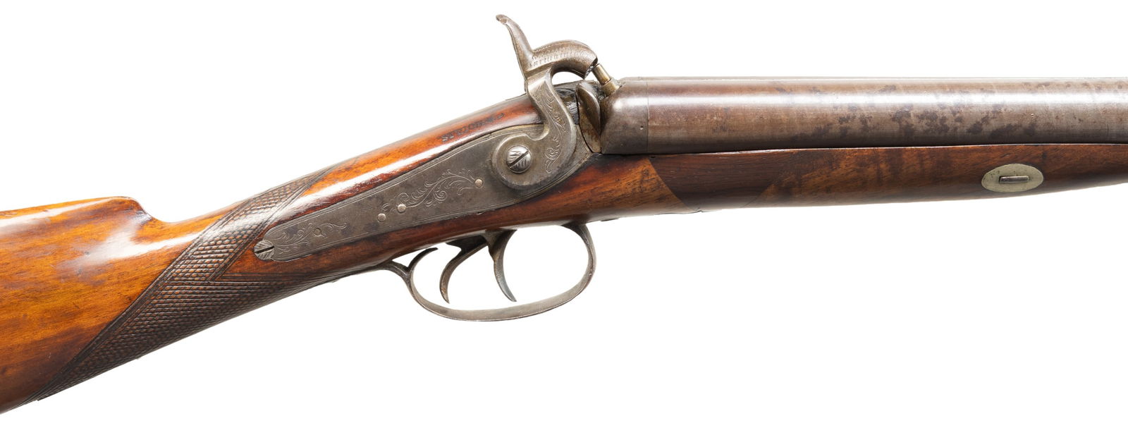 BRITISH F.A. HOLLIS SXS PERCUSSION SHOTGUN.: Cal. 12 Ga. NSN. London Fine Twist 34" bbls. w/ brass stud & modern replacement nipples. Birmingham black powder proofs on water table. Lefaucheux back action "MOORE" stamped locks. Wedge fastened wal