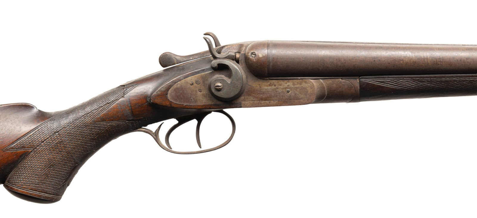 ANTIQUE BELGIAN R. BARCLAY SXS HAMMER SHOTGUN.: Cal. 12 Ga. S# 49363. The Laminated Steel 30" barrels have brass bead & 3-leaf clover rib extension. Water table has pre 1898 Belgian proofs as evident by "NON POUR BALLE" proof. Hammer action w/ top