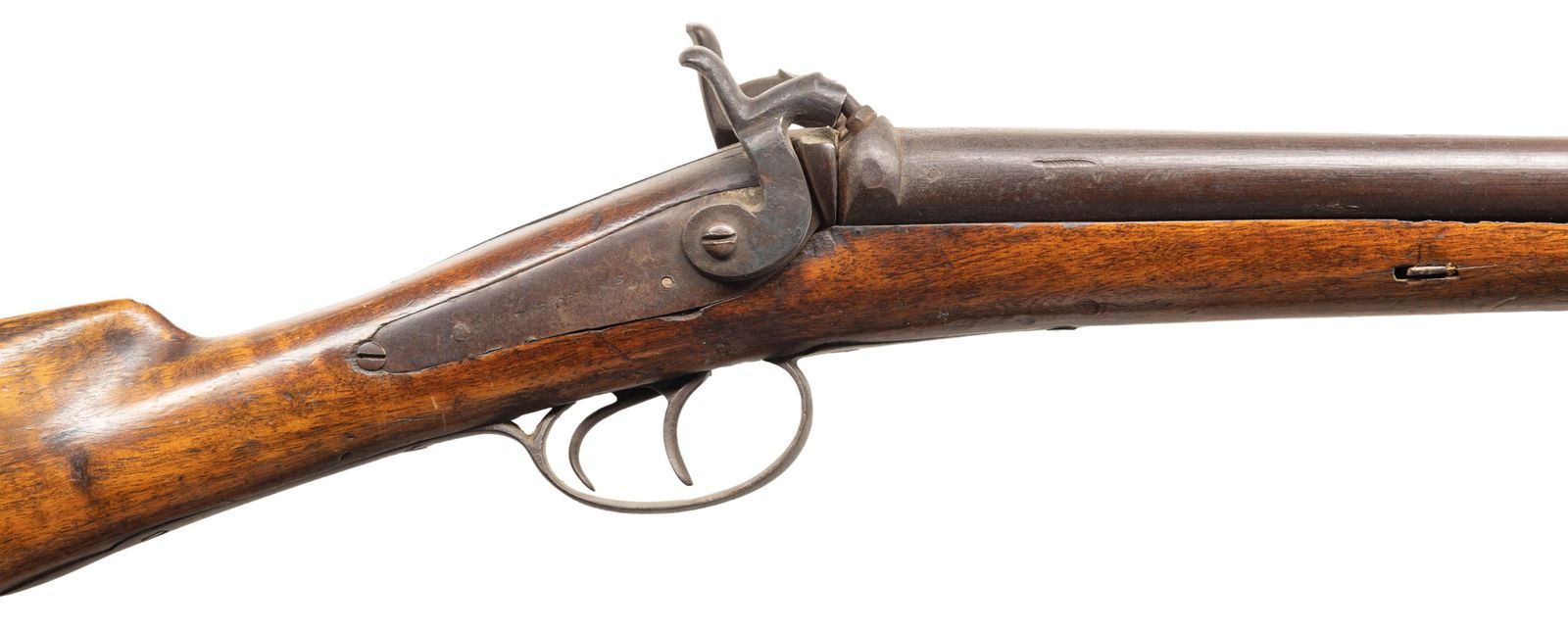 BELGIAN W RICHARDS SXS PERCUSSION SHOTGUN.: Cal. 12 Ga. NSN. Bbls. 31.5". Back action hammers w/ dbl. triggers. Wedge fastened walnut stock w/ steel buttplate. CONDITION: fair blue with brown patina & marks; pitting around nipples. Stock has