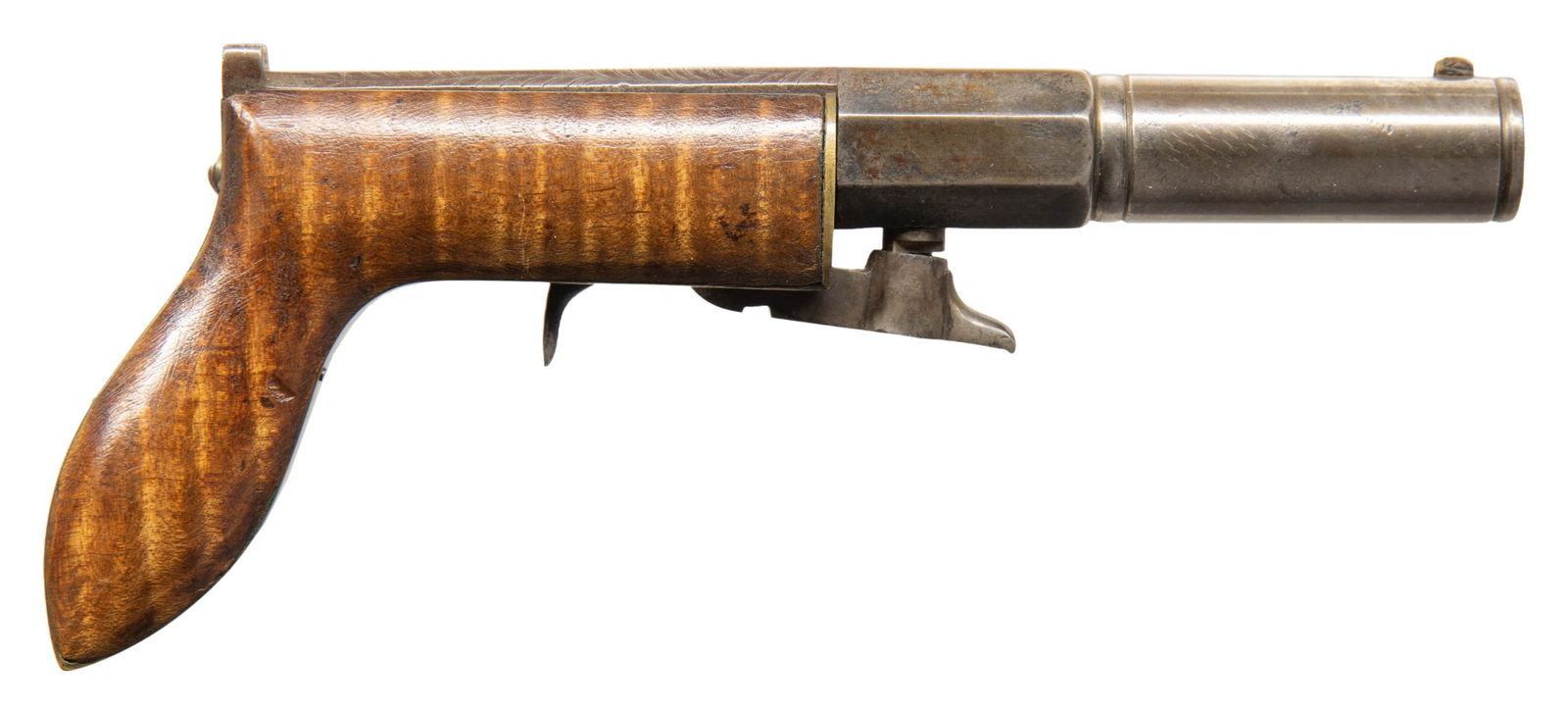 SCARCE GIBBS & TIFFANY UNDERHAMMER PERCUSSION: PISTOL. Cal. 28. S# 224. 6.5"overall, 3" octagonal to round barrel, fixed rear notch & brass blade sights, brass trimmed curly maple grips, top strap "GIBBS TIFFANY CO / STURBRIDGE, MASS", eagle, top