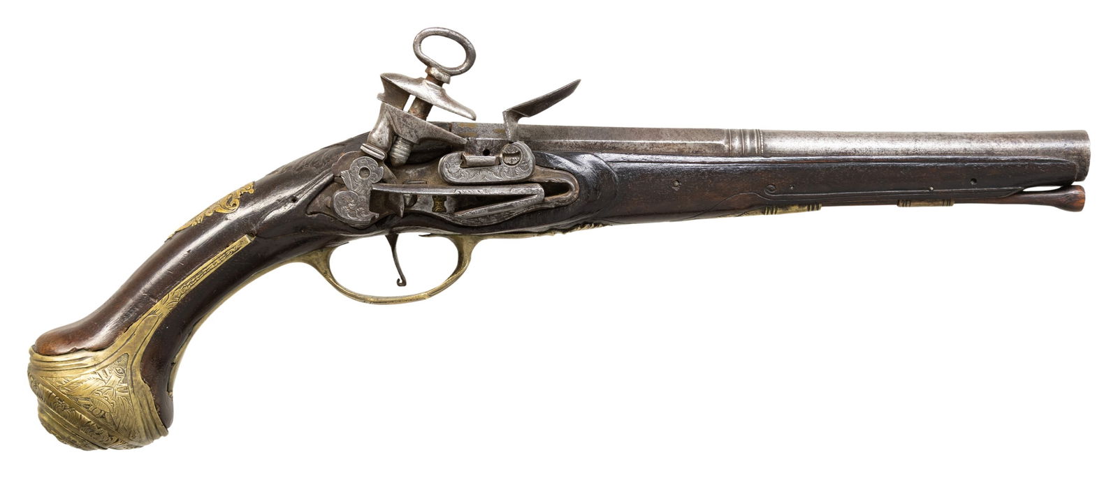 MIQUELET HOLSTER PISTOL BY MANUAL CAMS OF: BARCELONA CA 1725. Cal. 60. S# NSN. The 9-3/4" octagon to round barrel transitions through multi-turned rings. Top of rear flat is marked with poincon (gold missing) for Manual Cams. There are seven