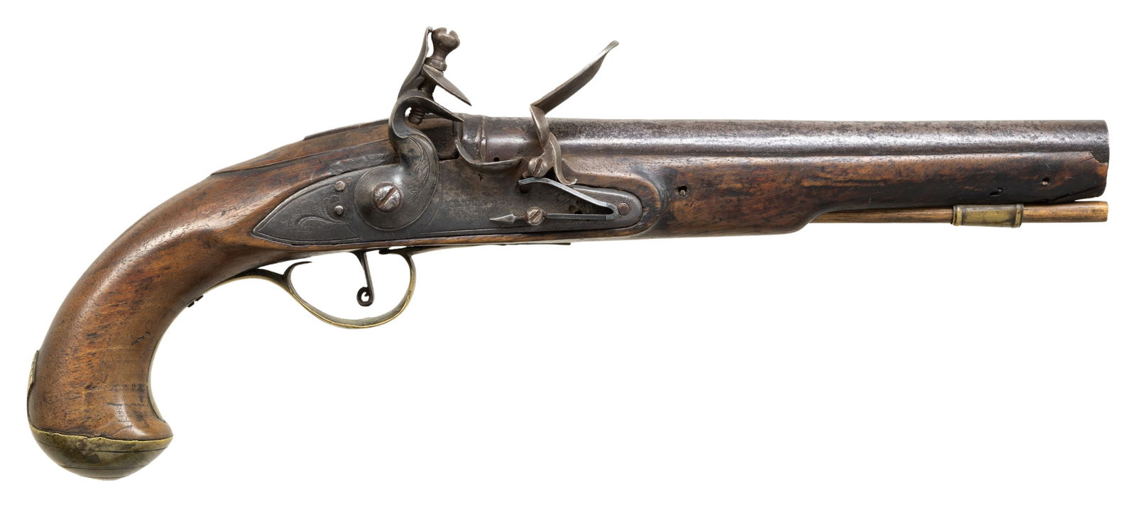 KETLAND RECONVERSION FLINTLOCK PISTOL.: Cal. 69. NSN. Bbl is 8" rnd with smooth bore. Left side of bbl has remnants of remaining Birmingham proofs. Ketland marked reconversion lock. Lock, top tang and breech end of bbl have highlights of sc