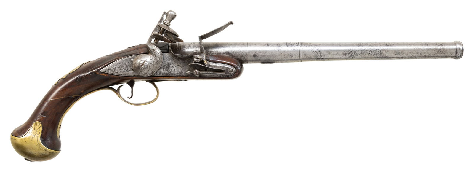 QUEEN ANNE STYLE SCREW CANNON BARREL FLINTLOCK: PISTOL BY, T. PEELE. Cal. 50. S# NSN. The 9" screw off barrel with turned ring at muzzle is unmarked. The 3-1/2" breech section is stamped with London black powder proofs and has some foliate engravin