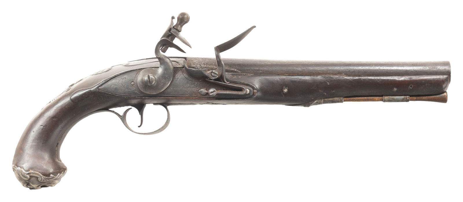 SILVER MOUNTED FLINTLOCK PISTOL BY CLARK.: Cal. 60. S# NSN. John Clark is known to have been working at 133 Holborn Hill, London in 1783 and is most likely the maker of this pistol that has 8" barrel faceted ovate at breech and swamped to